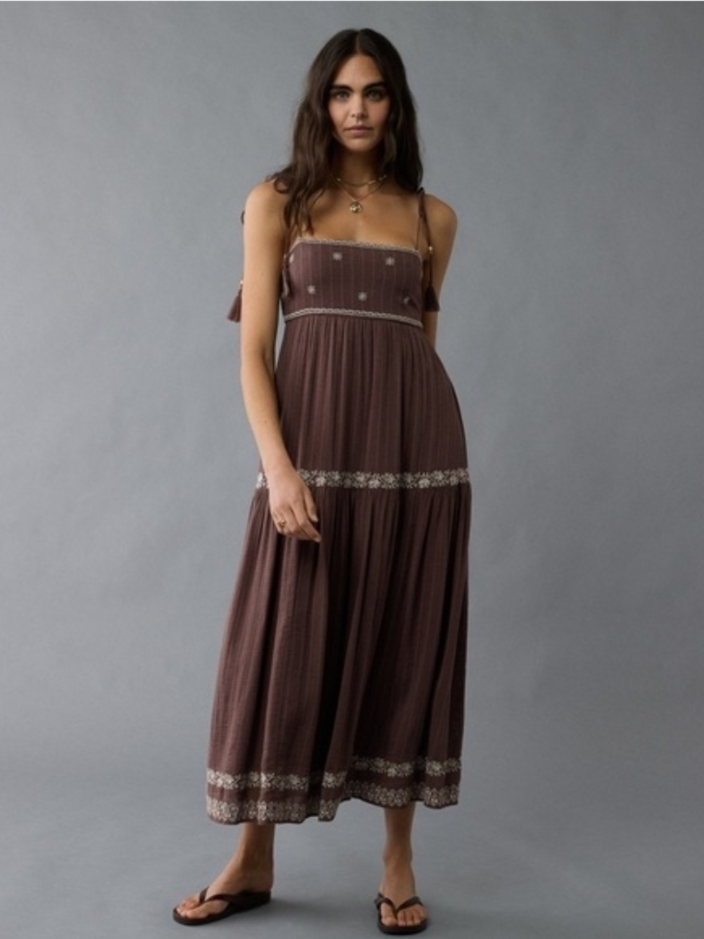 American Eagle Outfitters Brown Embroidered Smocked Maxi Dress